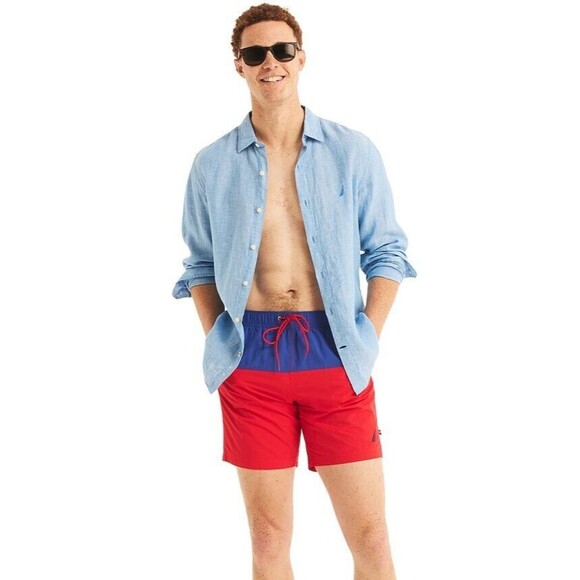 Nautica Men's Horizontal Colorblocked 6" Swim Trunks Blue Red Swim Shorts XXL - Picture 3 of 3